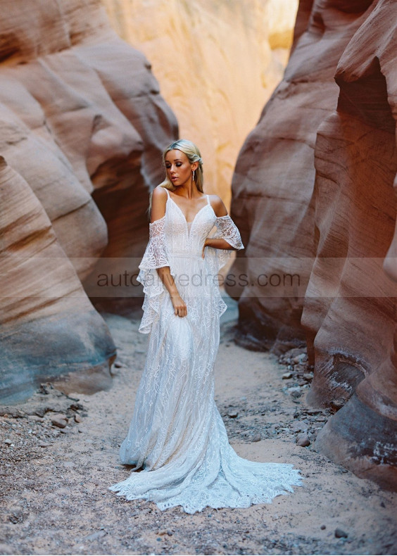 Cold Shoulder Ivory Lace V Back Bohemian Wedding Dress